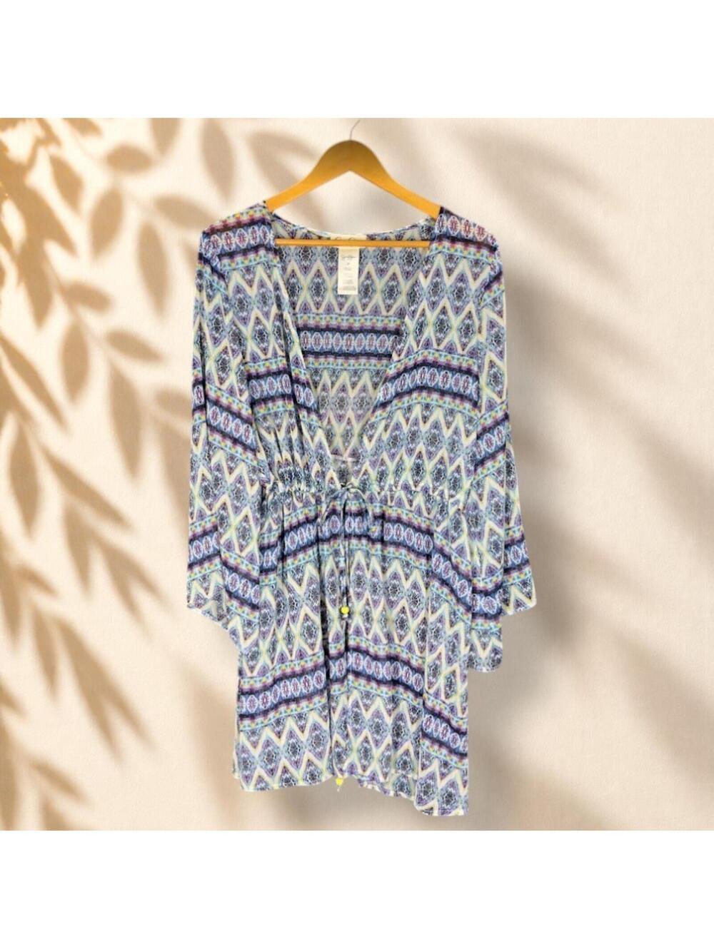 Jessica Simpson Top Women 2X Plus Blue Geometric V-Neck Long Sleeve Tasseled